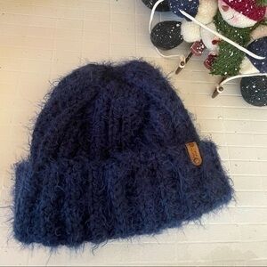 Handmade Crochet Fuzzy Warm Wool Blend Cable Knit Hat Dark Blue Beanie Winter